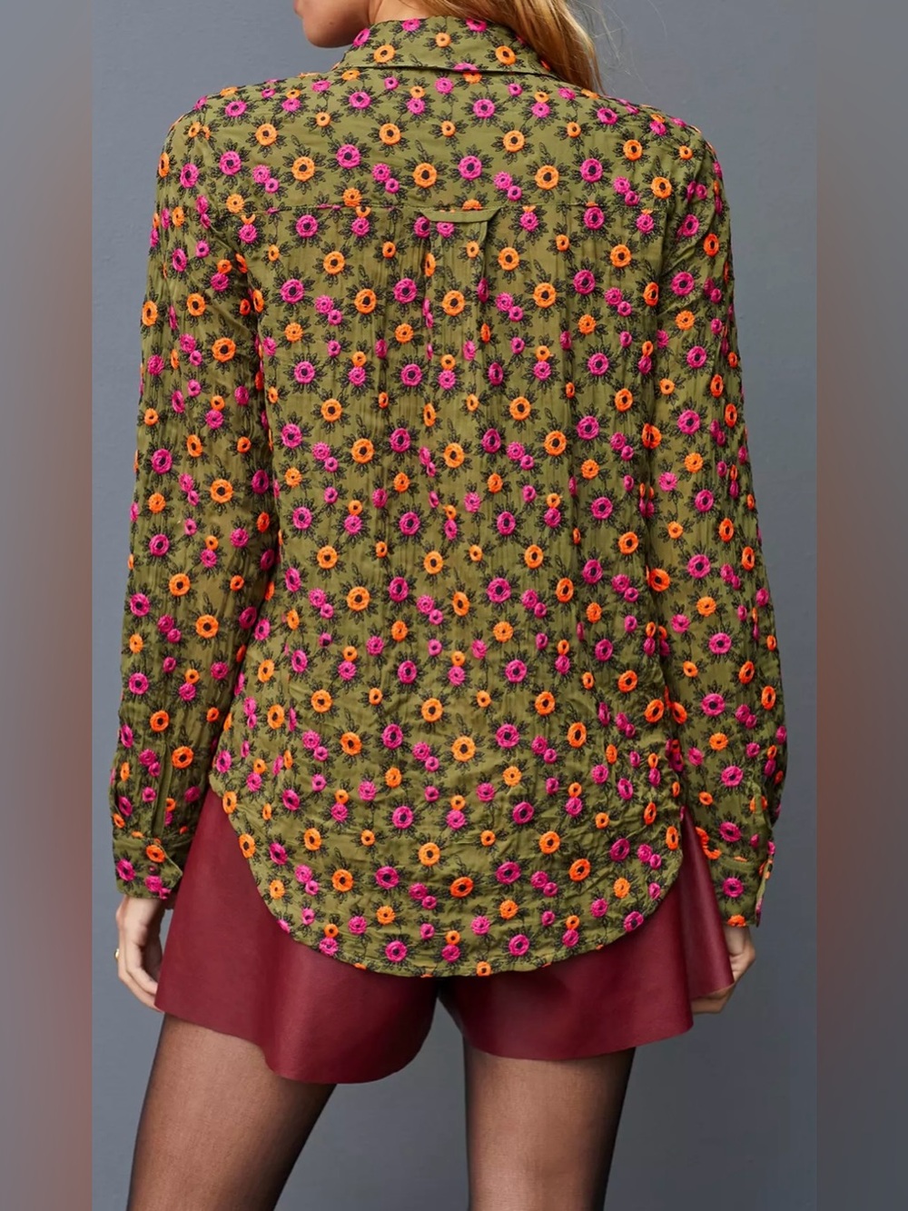 Maeve Olive Green Pink and Orange Floral Embroidered Button Up Blouse - Size 6 - Picture 2 of 6